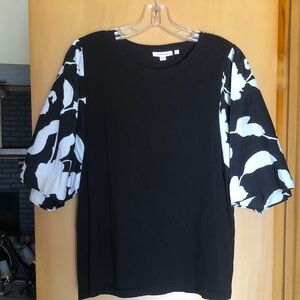 Chico's Black Tee with Black-and-White Floral Puff Sleeves. Size 2